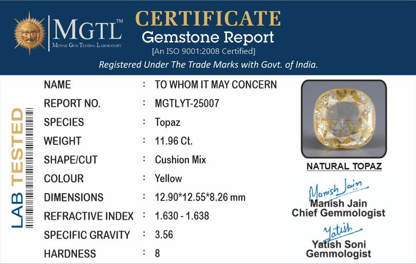 Natural Yellow Topaz - 11.96 Carat Fine Quality YT-25007