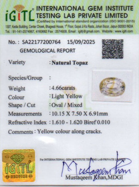 Natural Yellow Topaz - 4.66 Carat Limited Quality YT-25098