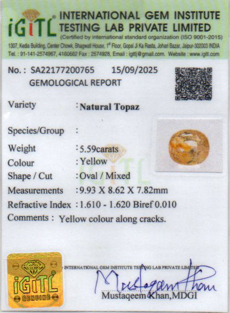 Natural Yellow Topaz - 5.59 Carat Limited Quality YT-25099