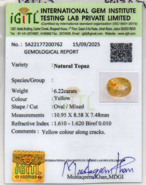 Natural Yellow Topaz - 6.22 Carat Limited Quality YT-25100