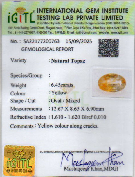Natural Yellow Topaz - 6.45 Carat Prime Quality YT-25101