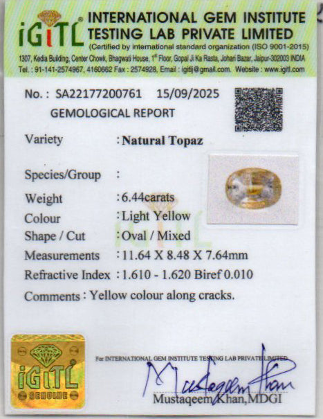 Natural Yellow Topaz - 6.44 Carat Limited Quality YT-25102