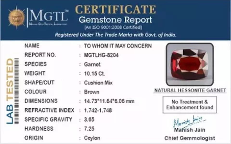 Ceylon Hessonite Garnet  10.15 Carat Limited Quality  HG-8204