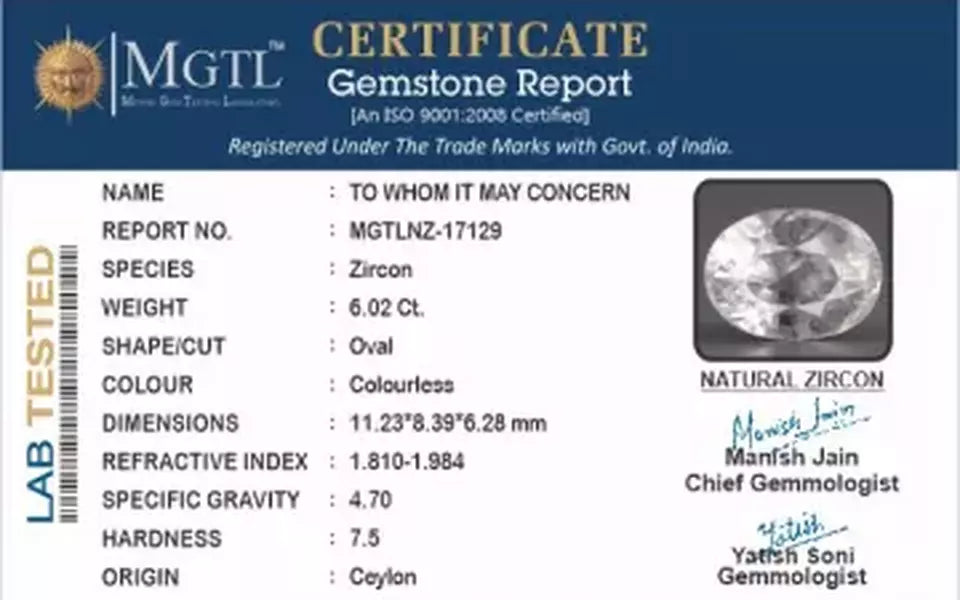Ceylon Natural Zircon - 6.02 Carat Rare Quality NZ-17129
