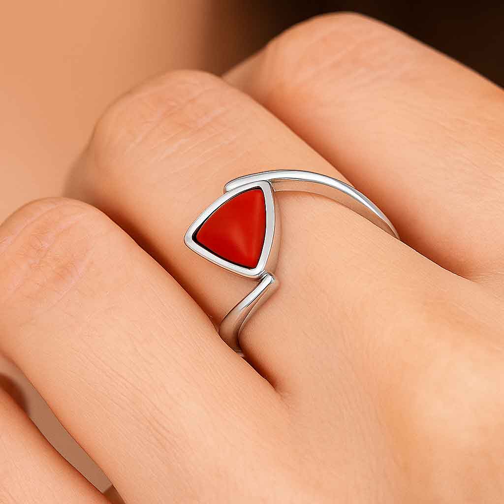 Classic Regal 925 Sterling Silver Triangle Red Coral Stone Women’s Ring