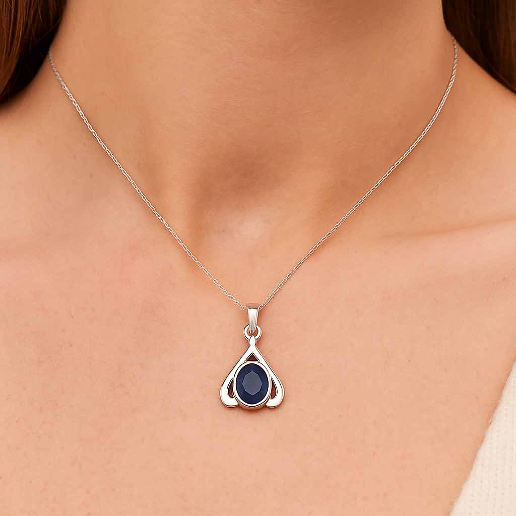 Classic Sterling Silver Blue Sapphire Gemstone Pendant
