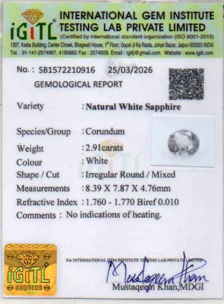 Ceylon White Sapphire - 2.91 Carat Fine Quality CWS-10074