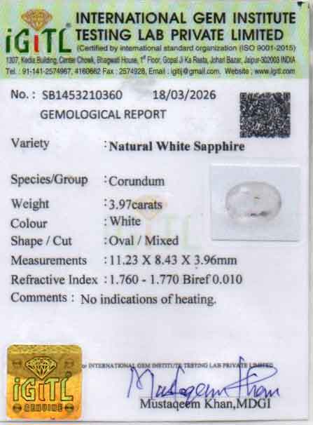 Ceylon White Sapphire - 3.97 Carat Fine Quality CWS-10076
