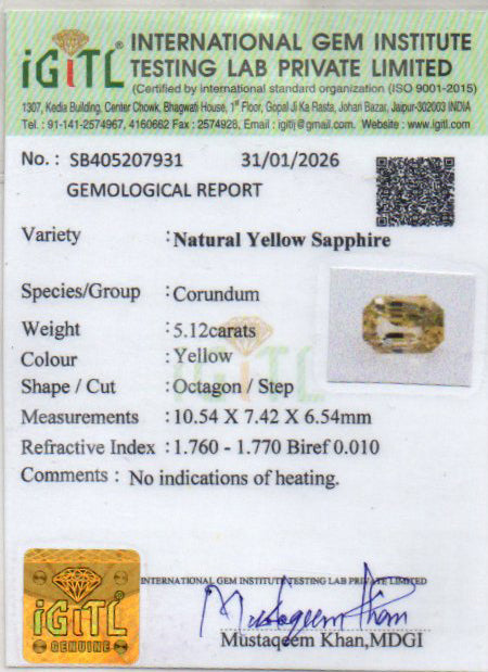 Yellow Sapphire - 5.12 Carats