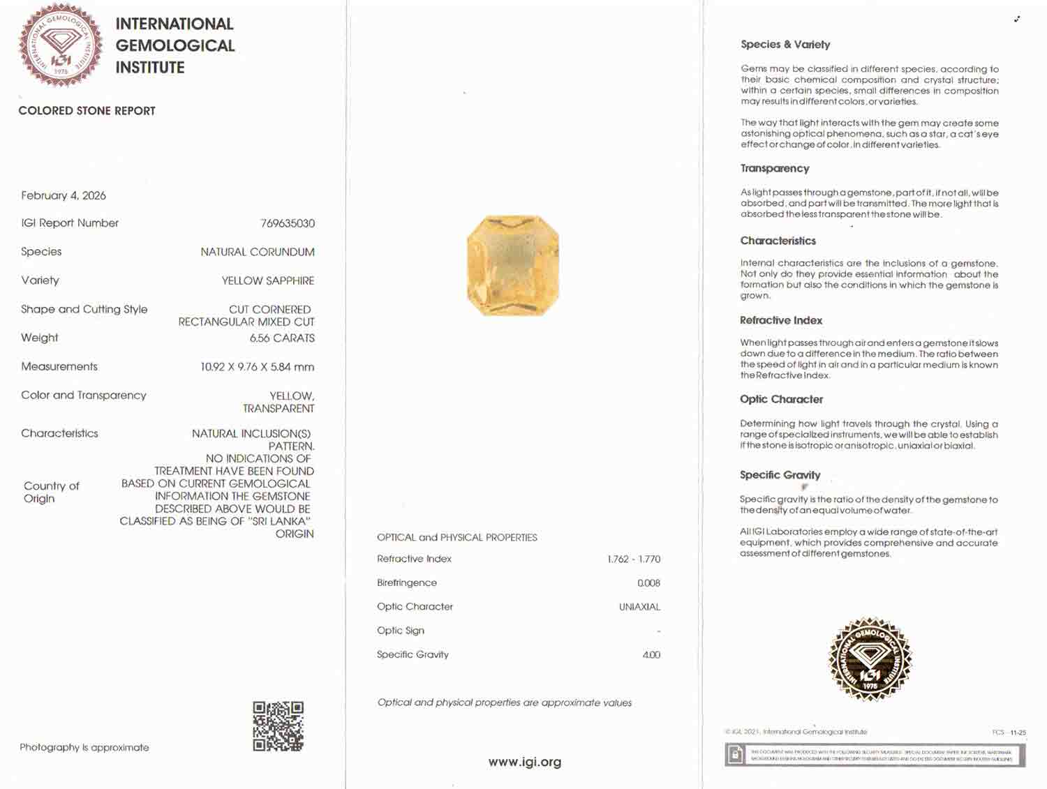 Ceylon Yellow Sapphire - 6.56 Carat Rare Quality CYS-3705