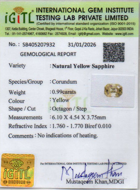 Ceylon Yellow Sapphire - 0.99 Carat Prime Quality CYS-3862