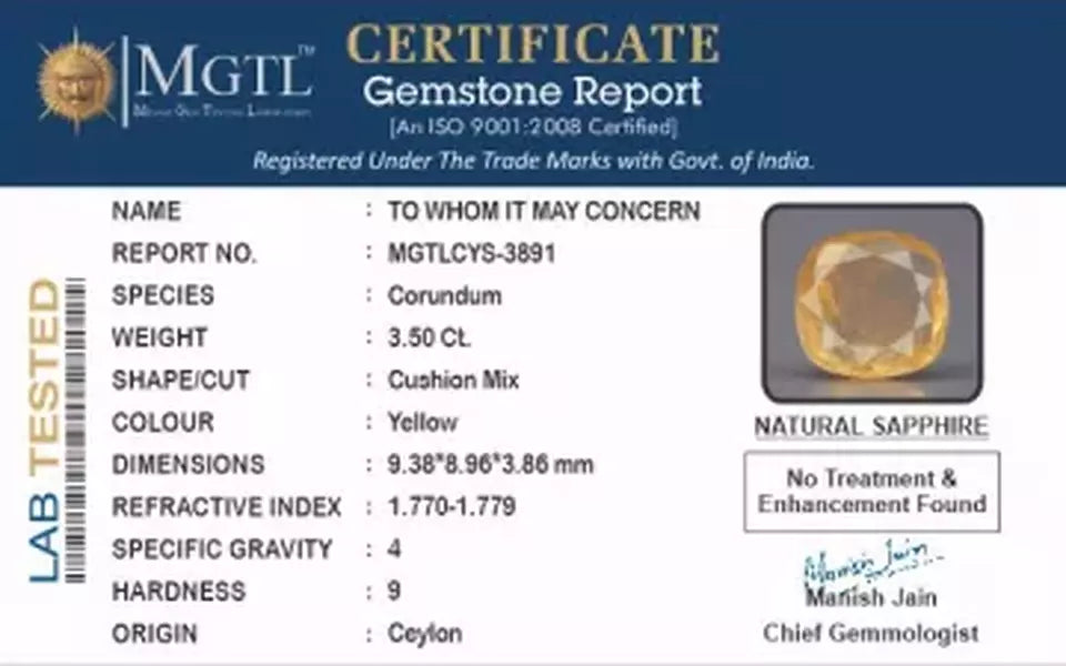 Ceylon Yellow Sapphire - 3.50 Carat Fine Quality CYS-3891