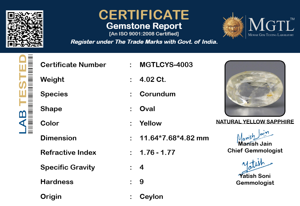 Ceylon Yellow Sapphire - 4.02 Carat Prime Quality CYS-4003