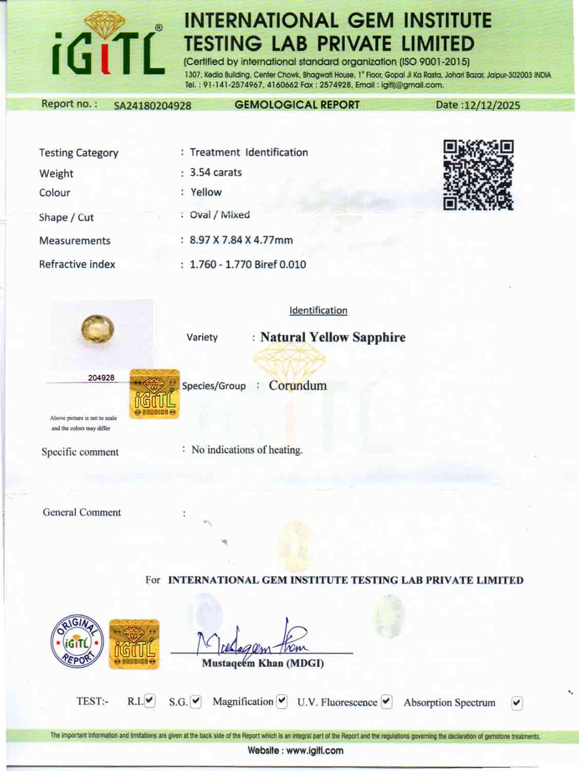 Ceylon Yellow Sapphire - 3.54 Carat Prime Quality CYS-4069