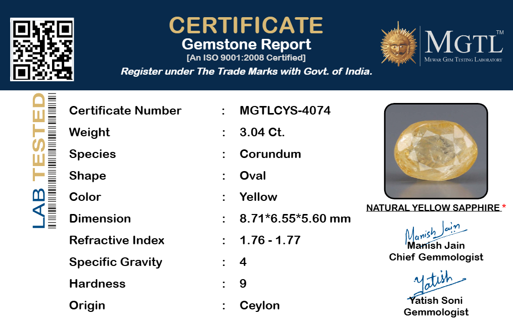 Ceylon Yellow Sapphire - 3.04 Carat Fine Quality CYS-4074