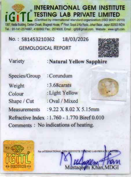 Ceylon Yellow Sapphire - 3.68 Carat Fine Quality CYS-4076