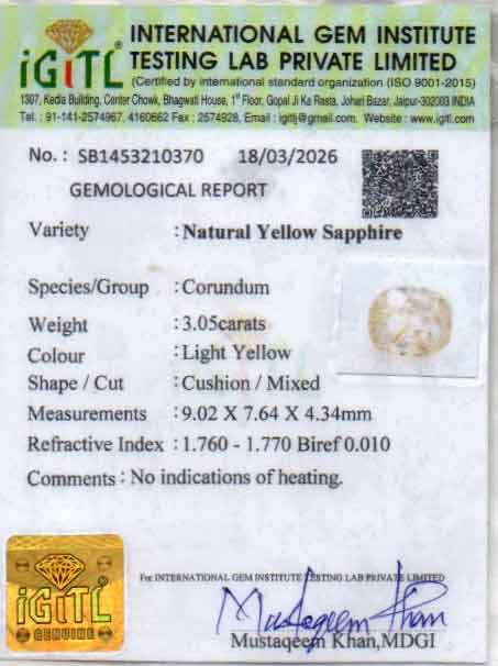 Ceylon Yellow Sapphire - 3.05 Carat Fine Quality CYS-4078