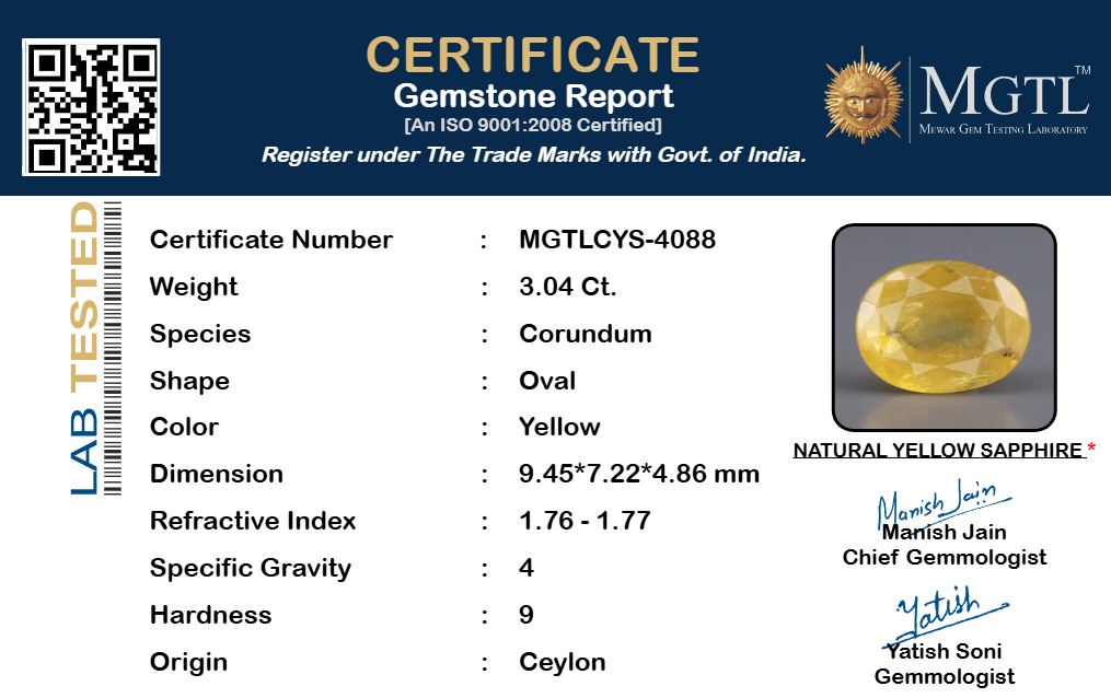 Ceylon Yellow Sapphire - 3.04 Carat Fine Quality CYS-4088