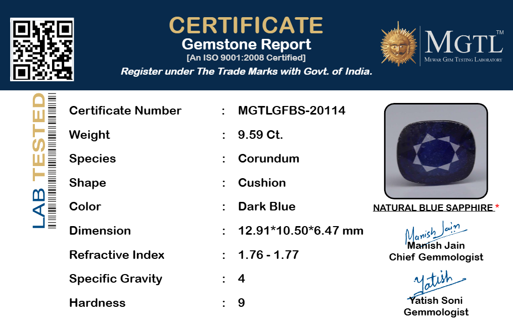 Thailand Blue Sapphire - 9.59 Carat Fine Quality GFBS-20114