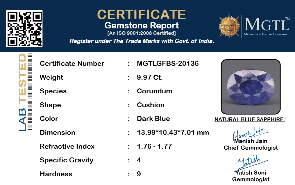 Thailand Blue Sapphire - 9.97 Carat Fine Quality GFBS-20136