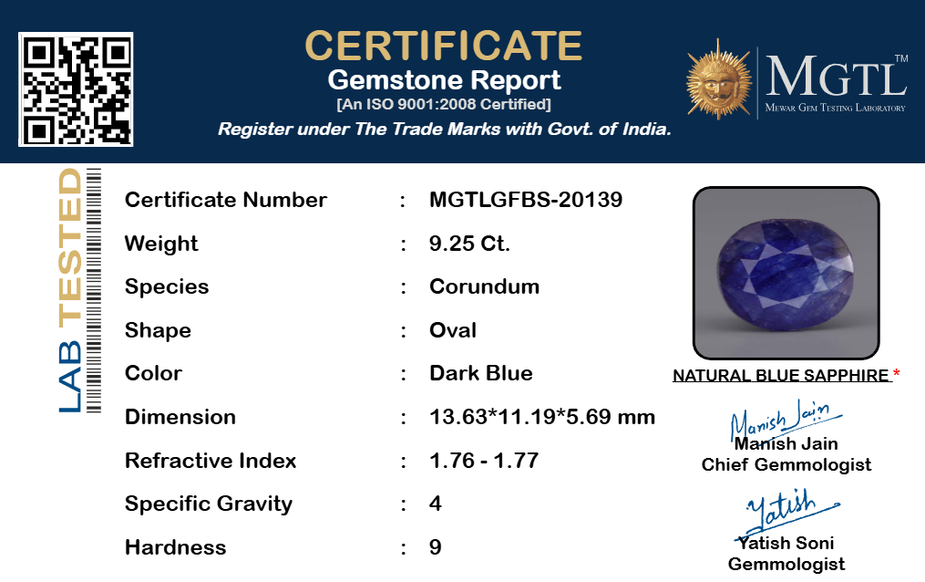 Thailand Blue Sapphire - 9.25 Carat Prime Quality GFBS-20139
