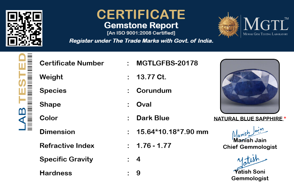 Thailand Blue Sapphire - 13.77 Carat Fine Quality GFBS-20178
