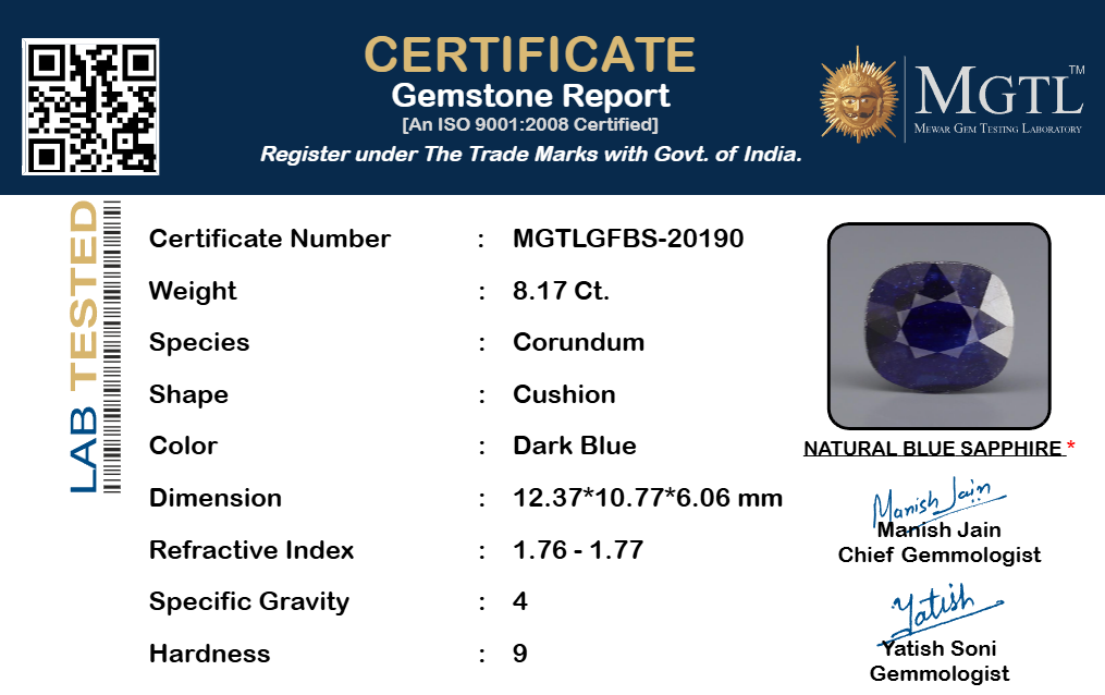 Thailand Blue Sapphire - 8.17 Carat Prime Quality GFBS-20190
