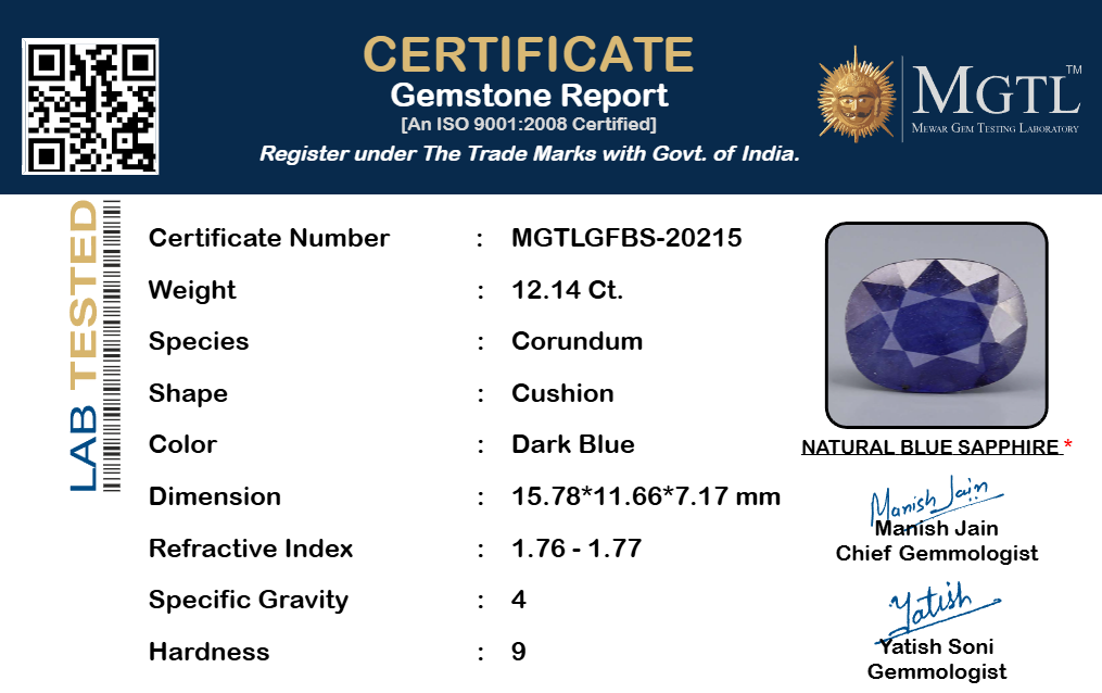 Thailand Blue Sapphire - 12.14 Carat Fine Quality GFBS-20215