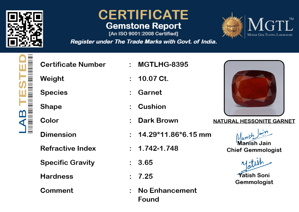 African Hessonite Garnet - 10.07 Carat Prime Quality HG-8395