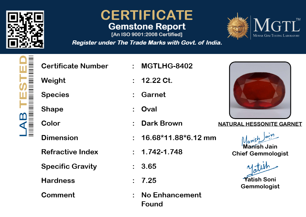 African Hessonite Garnet - 12.22 Carat Prime Quality HG-8402