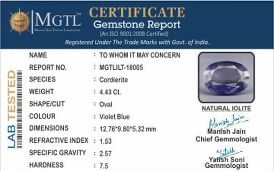 Madagascar Iolite -  4.43 Carat Prime Quality | ILT 18005
