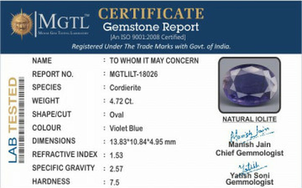 Madagascar Iolite -  4.72 Carat Prime Quality | ILT 18026