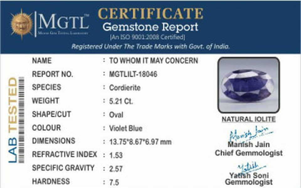 Madagascar Iolite -  4.48 Carat Prime Quality | ILT 18046