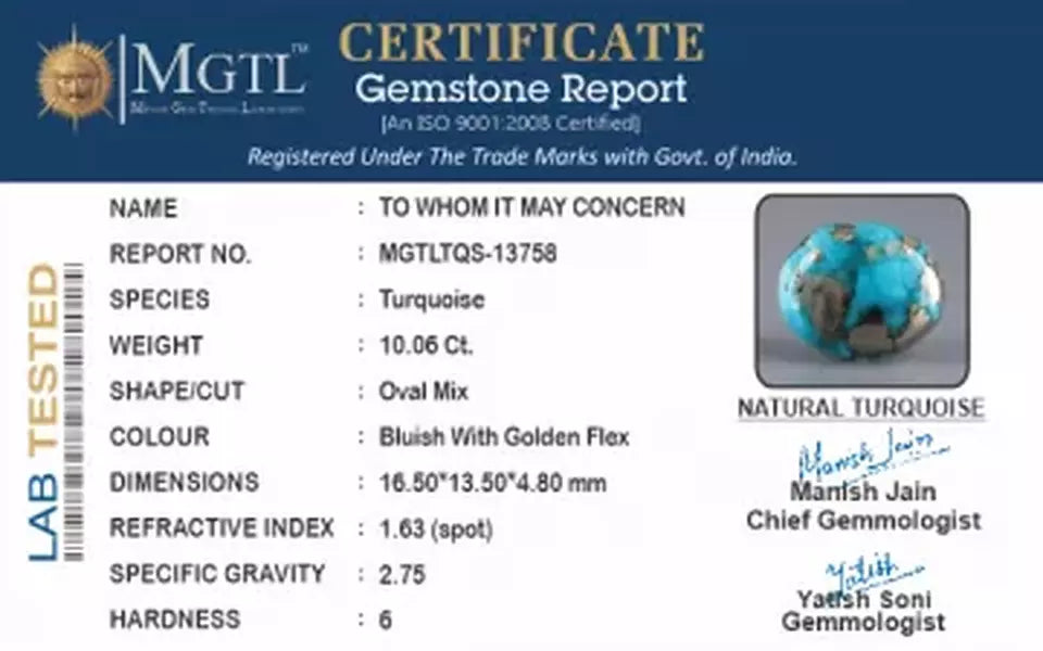 Irani Turquoise - 10.06 Carat Limited Quality TQS-13758