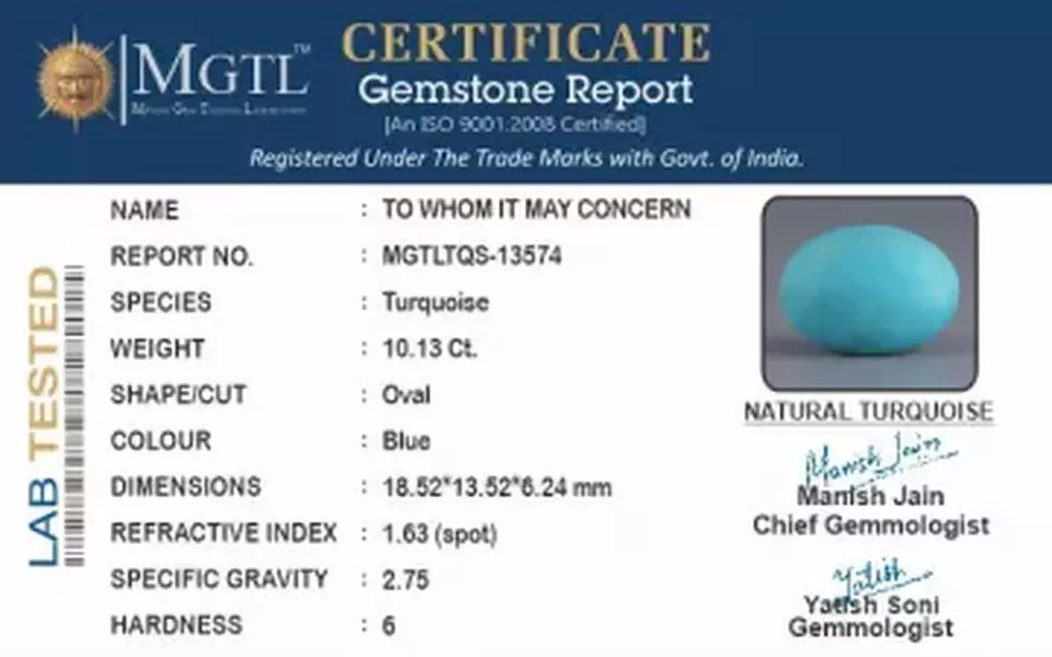 Irani Turquoise - 10.13 Carat Prime Quality TQS-13574