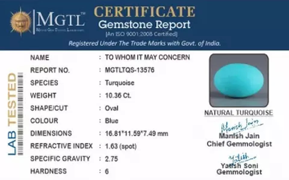 Irani Turquoise - 10.36 Carat Prime Quality TQS-13576