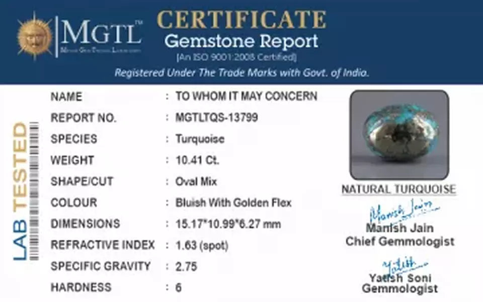 Irani Turquoise - 10.41 Carat Rare Quality TQS-13799