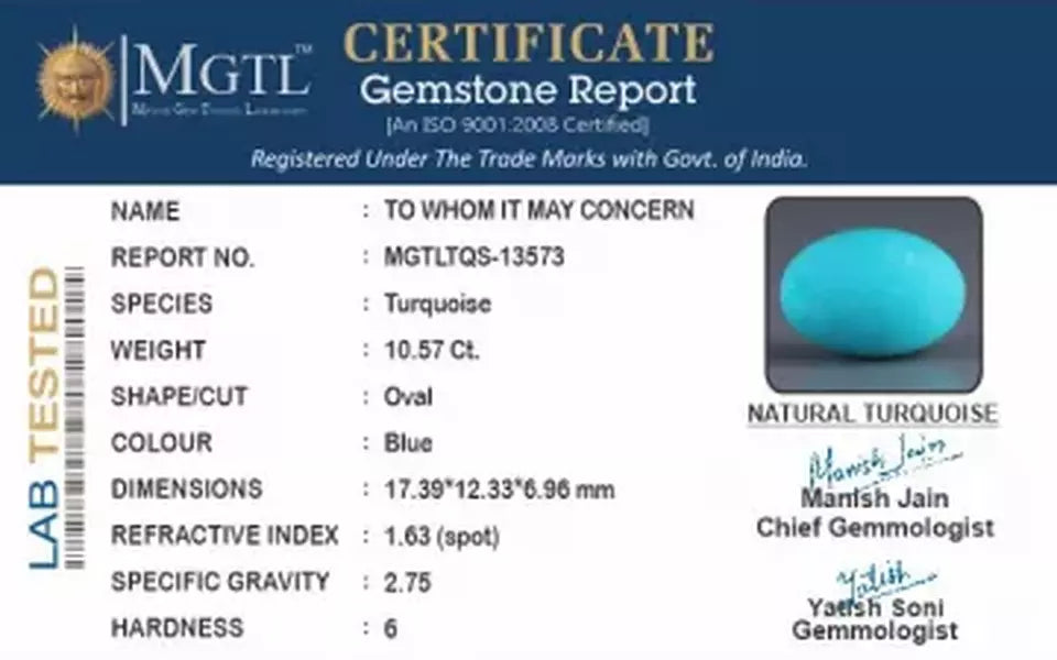 Irani Turquoise - 10.57 Carat Prime Quality TQS-13573