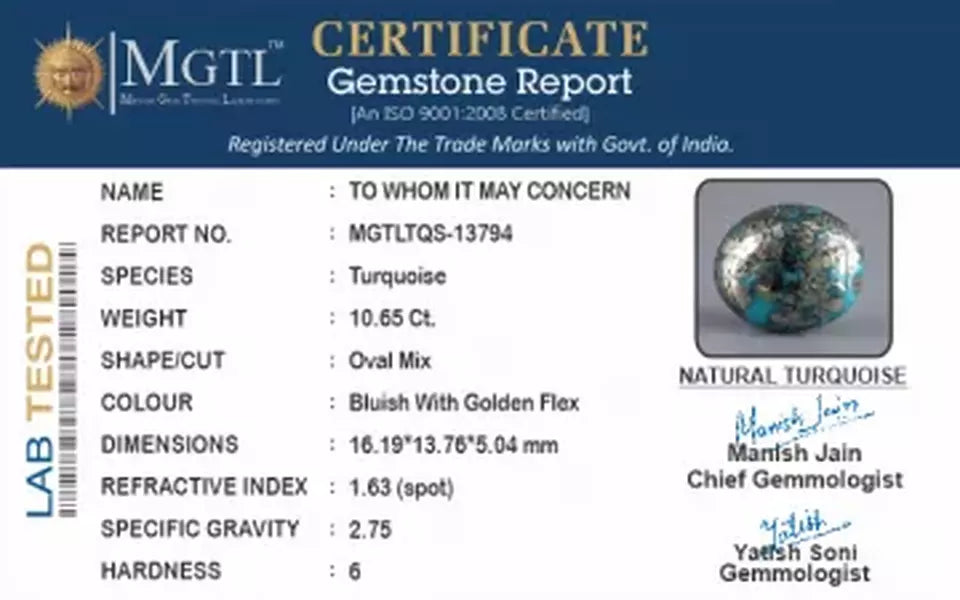 Irani Turquoise - 10.65 Carat Rare Quality TQS-13794