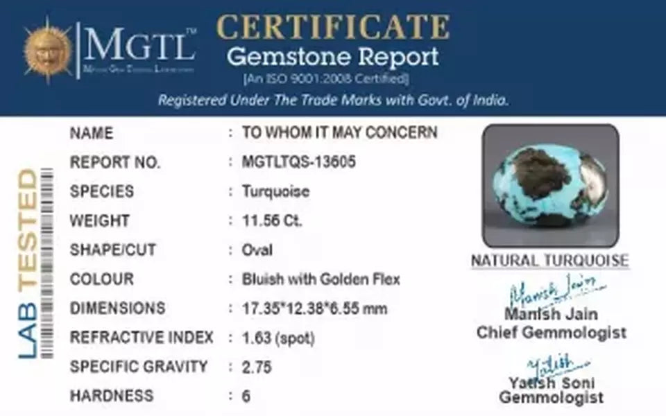 Irani Turquoise - 11.56 Carat Prime Quality TQS-13605