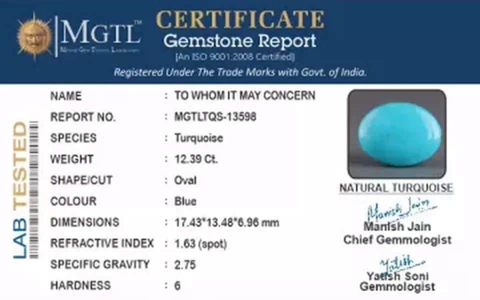 Irani Turquoise - 12.39 Carat Prime Quality TQS-13598