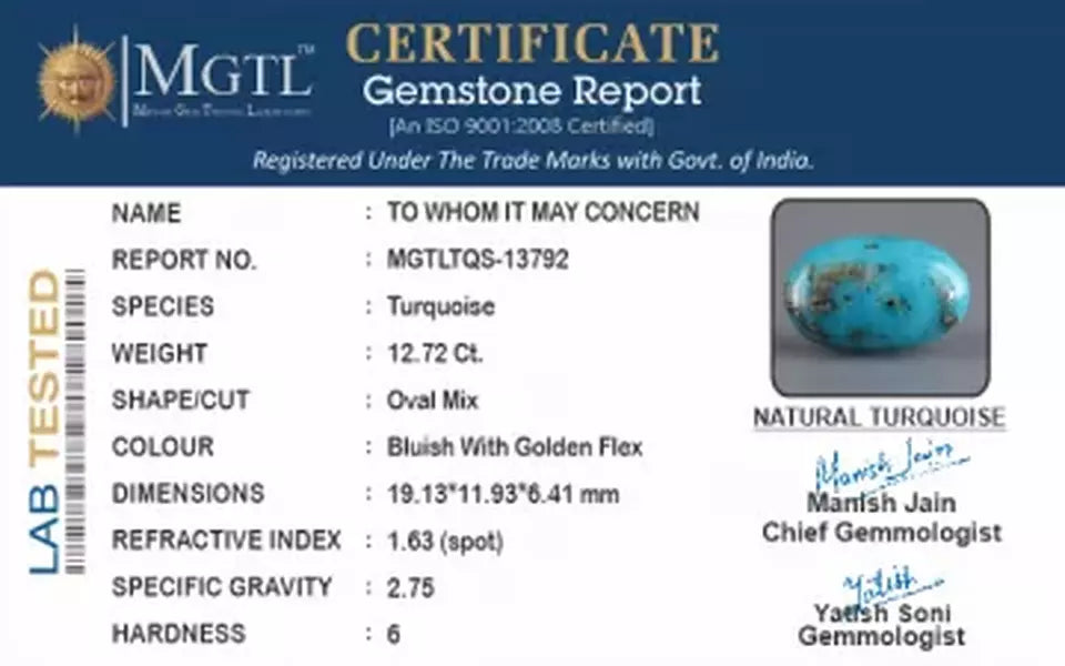 Irani Turquoise - 12.72 Carat Prime Quality TQS-13792