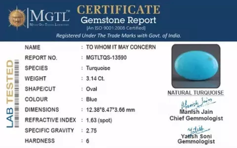 Irani Turquoise - 3.14 Carat Prime Quality TQS-13590