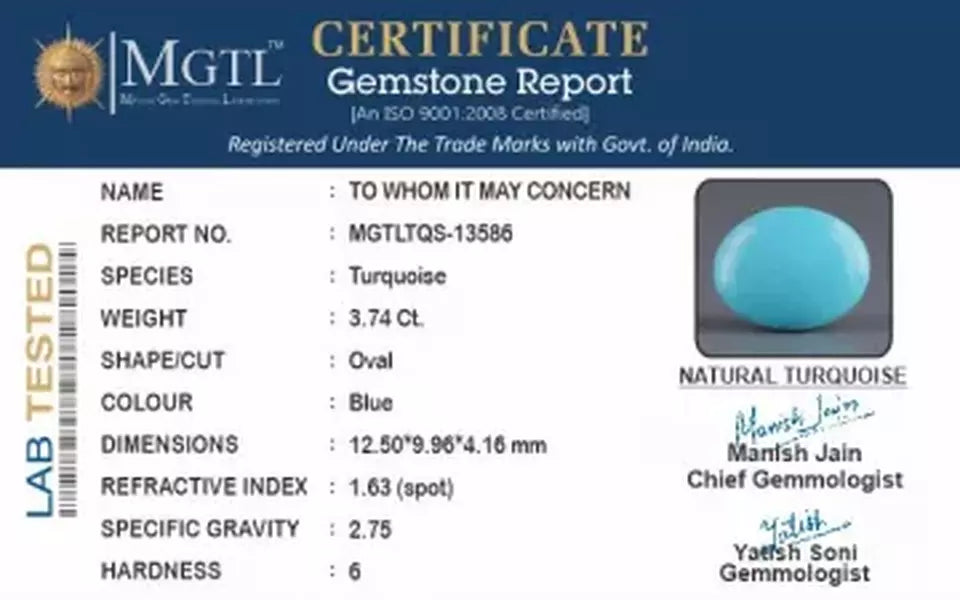 Irani Turquoise - 3.74 Carat Prime Quality TQS-13586