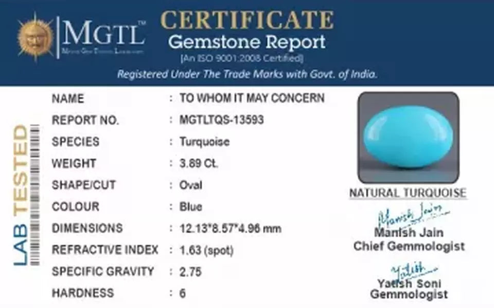 Irani Turquoise - 3.89 Carat Prime Quality TQS-13593