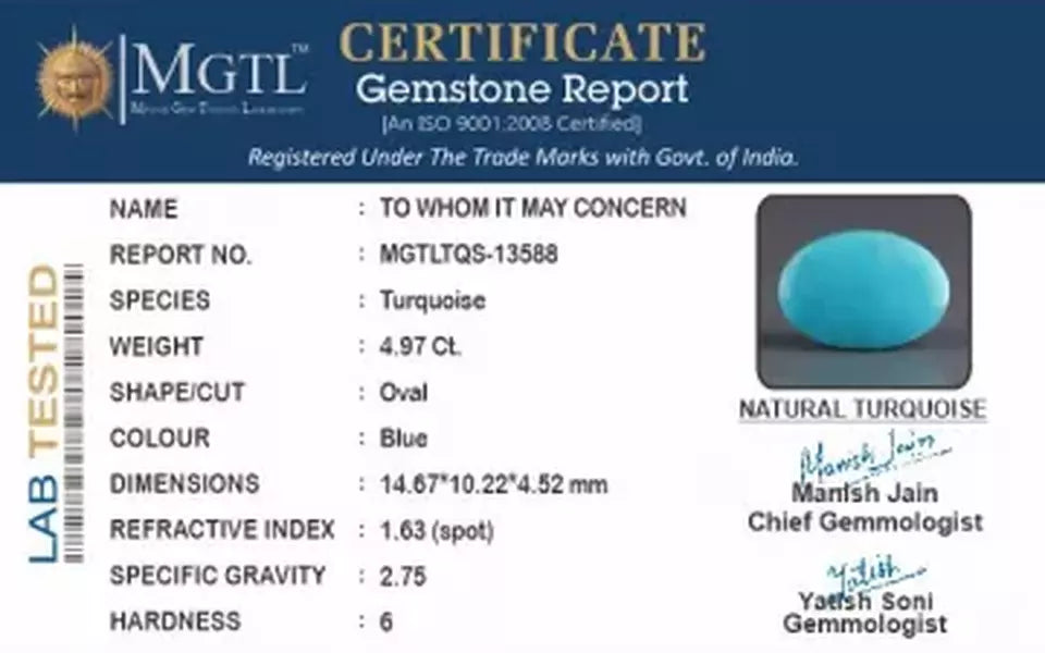 Irani Turquoise - 4.97 Carat Prime Quality TQS-13588