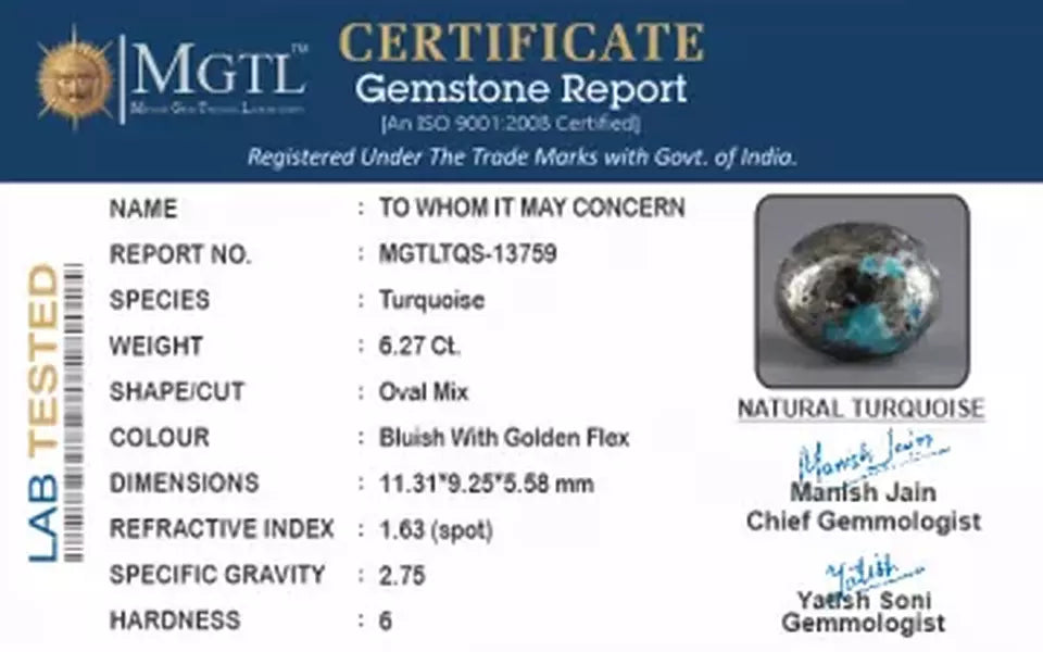 Irani Turquoise - 6.27 Carat Rare Quality TQS-13759