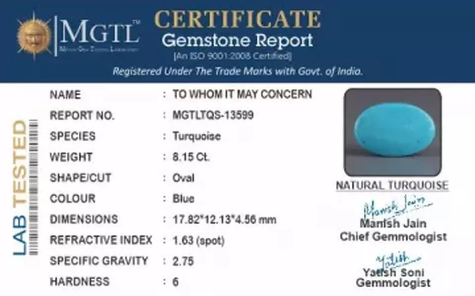Irani Turquoise - 8.15 Carat Prime Quality TQS-13599