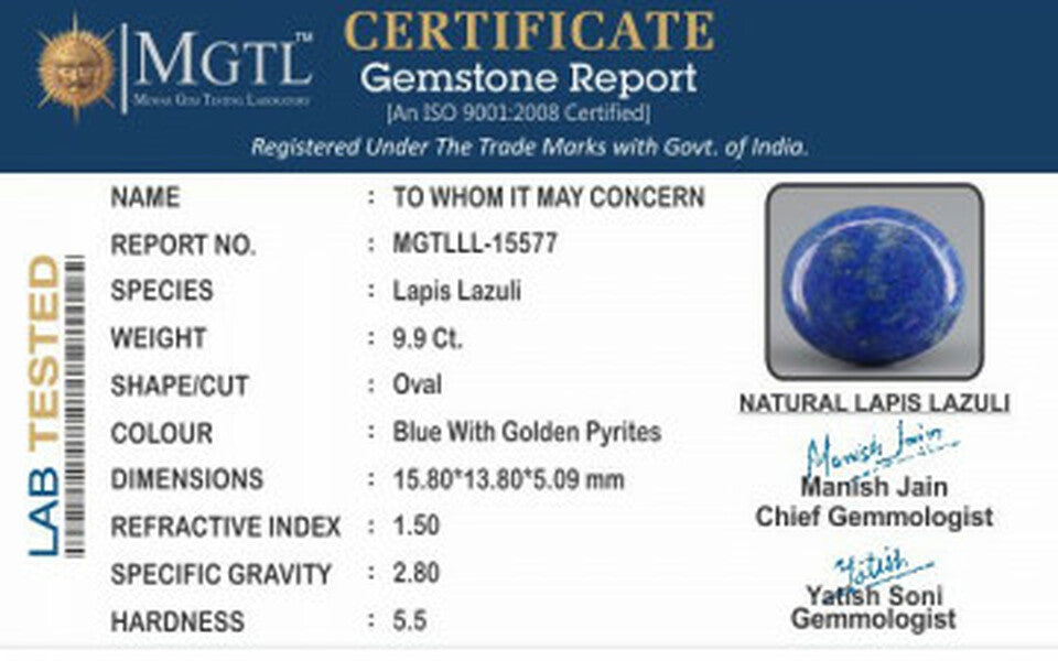 Natural Lapis Lazuli - 9.9 Carat Limited - Quality  LL-15577