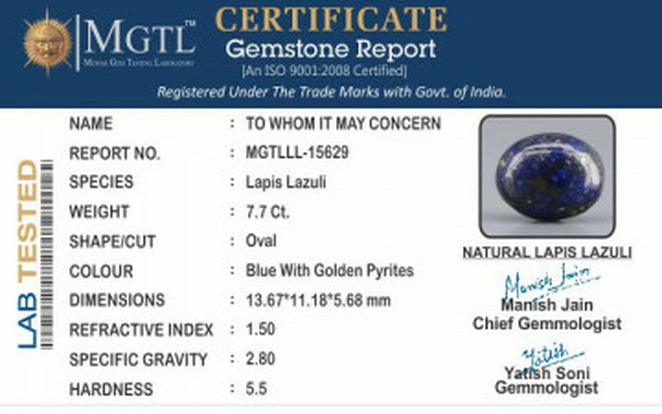 Natural Lapis Lazuli - 7.7 Carat Limited - Quality  LL-15629